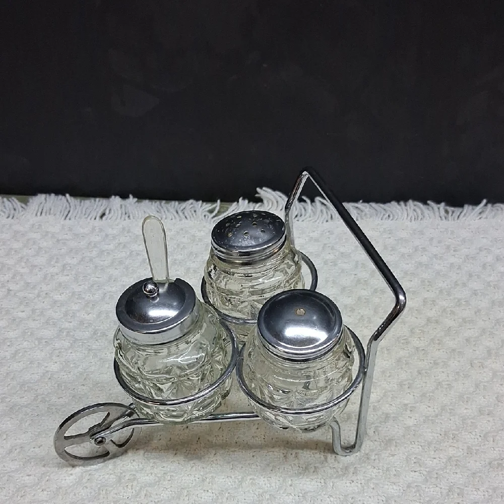 Vintage Anchor Hocking glass and‎ metal wheelbarrow condiment set